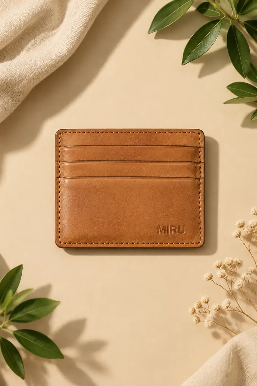 Flat lay · leather card wallet