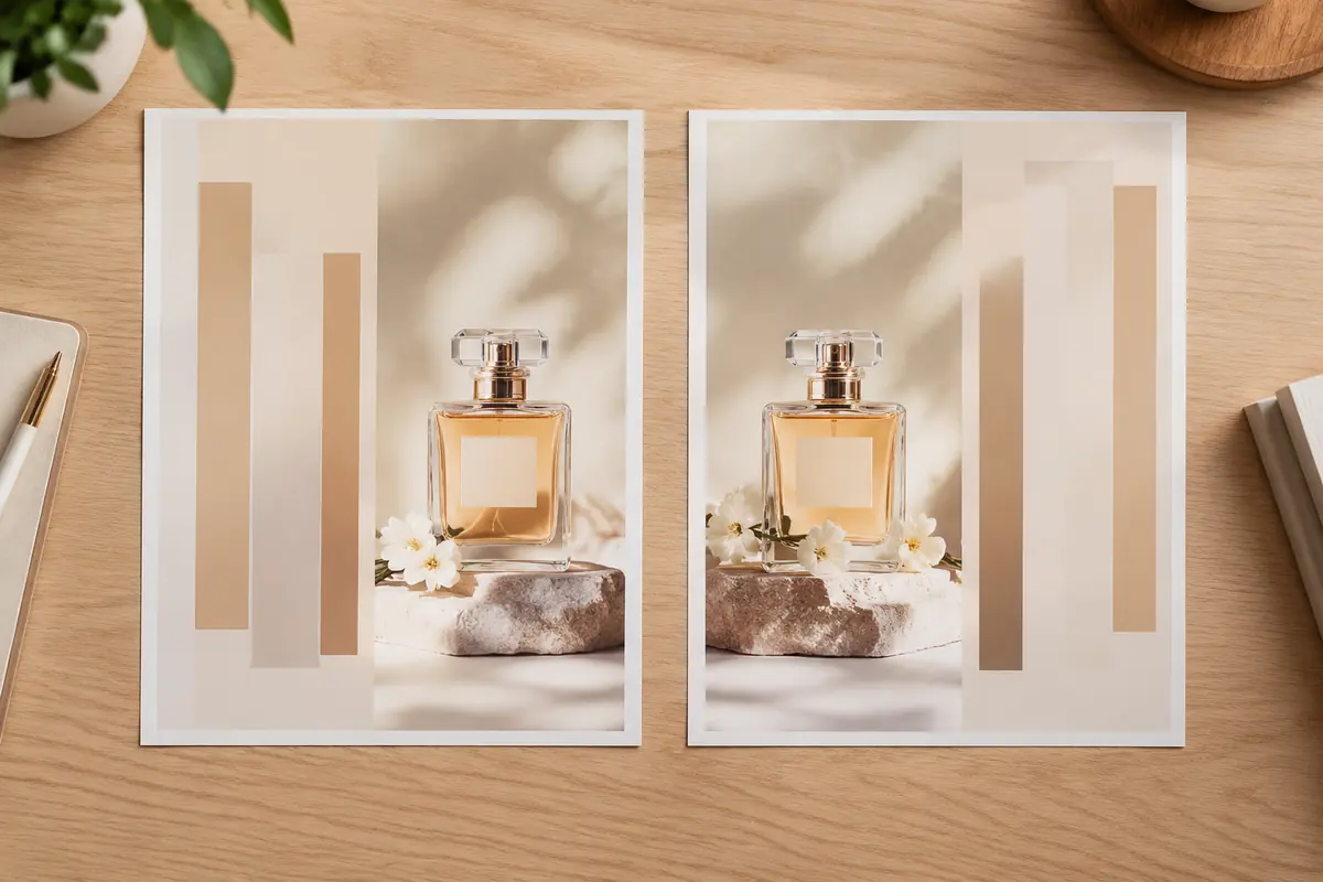 Two mirror-image banner layouts side by side, with the perfume bottle on opposite sides