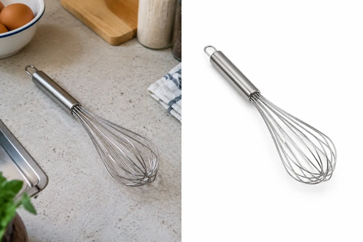 A phone photo of a whisk on a cluttered kitchen counter next to a clean print of the same whisk on pure white