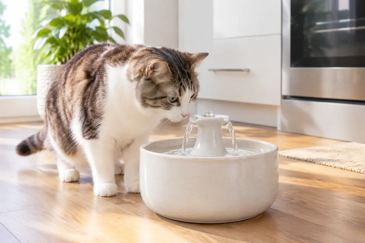 A cat sniffing a ceramic water fountain on a kitchen floor in soft natural light
