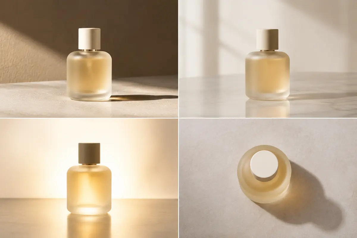 The same frosted glass perfume bottle under four kinds of light: hard side, soft window, backlight and top light