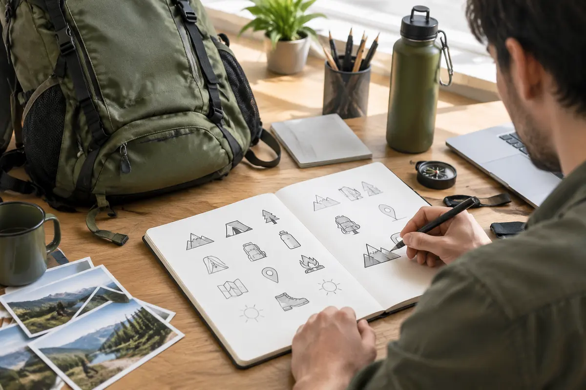 A designer sketching icon ideas in a notebook beside a hiking backpack sample