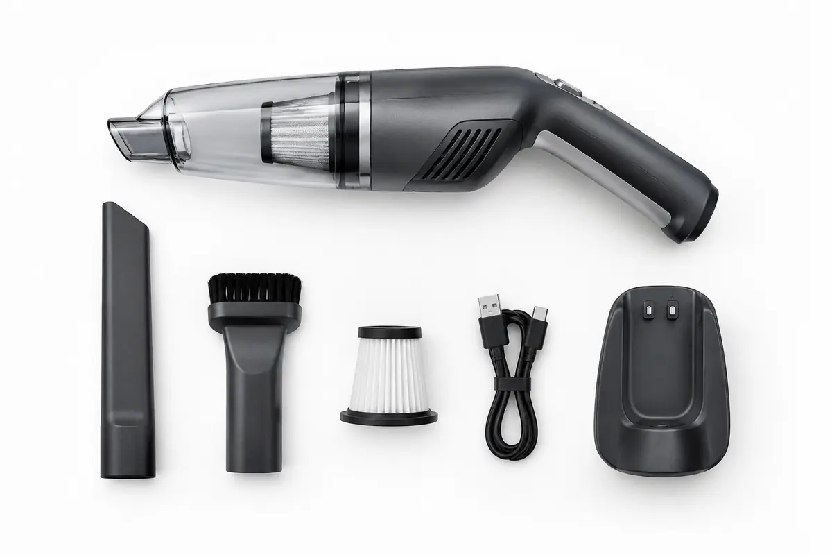 A handheld vacuum sample with all its parts laid out neatly on white
