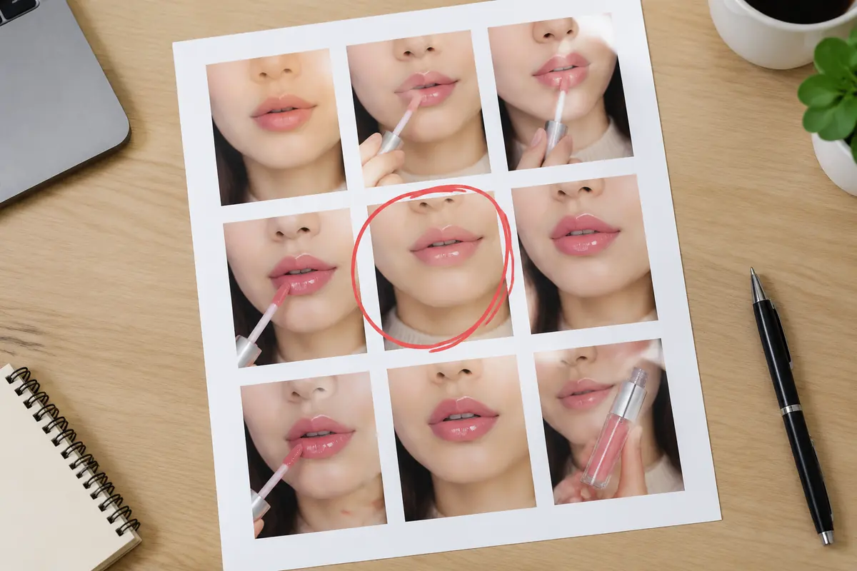 A contact sheet of nine vertical video frames with one circled in red marker