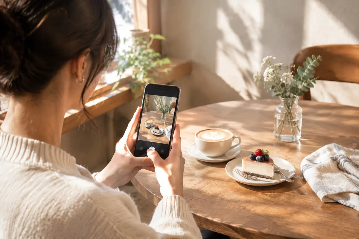 A young woman photographing a café-style desk setup with her phone held vertically in warm afternoon light